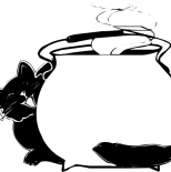 cat behind a cauldron