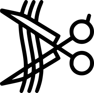 Simple line, scissors cutting three down-waving lines