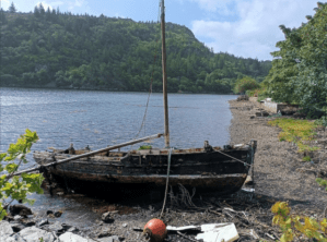 Weathered sailboat beached on a strip of river bank. Been there s long time