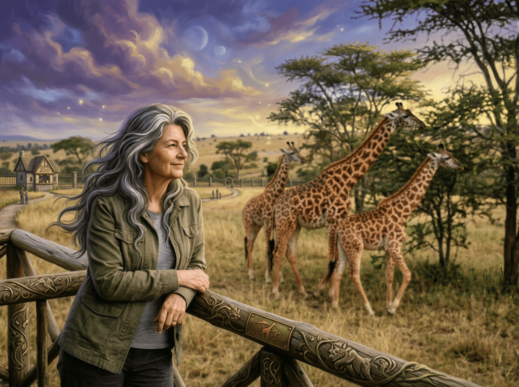 Woman observing three giraffes in a savanna landscap
