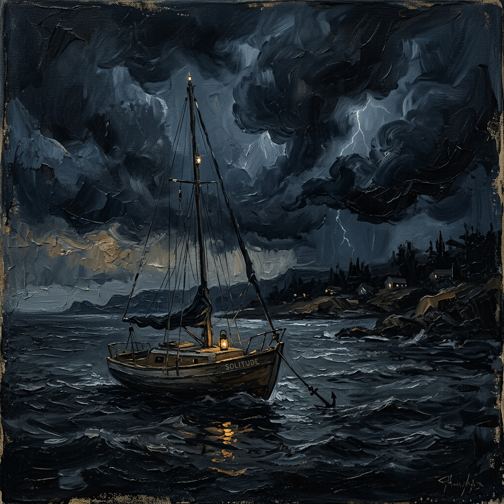 Sailboat anchored under a thunderstorm night sky